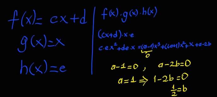 f(x) doğrusal, g(x) birim ve h(x) sabit fonksiyon olmak üzere,t(x).g(x). h(x) = (a - 1) * x ^ 3 + (4a + 1) * x ^ 2 + x + a - 2b olduğuna göre, b kaçtır?sorusunun çözüm fotosu