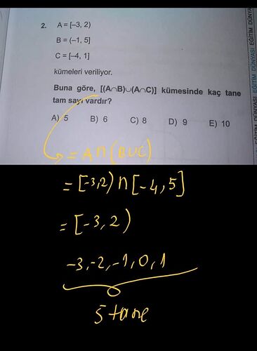 kümeler de aralıklarda kesişim ve birleşim sorusu çözümü