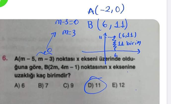 çözüm: A(m-5, m-3) noktası x ekseni üzerinde oldu- ğuna göre, B(2m, 4m-1) noktasının x eksenine uzaklığı kaç birimdir