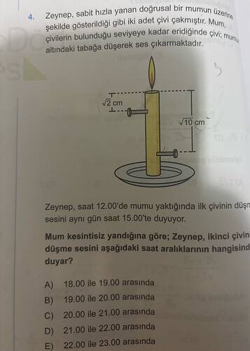 Zeynep, sabit hizla yanan doğrusal bir mum şekilde gösterildiği gibi iki adet çivi...