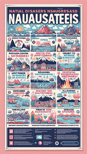 Create an educational visual design about natural disasters, entirely in Turkish. The poster is catered to 5th grade students and should contain the title 'NATURAL DISASTERS AND PROTECTION METHODS'. It should incorporate various disasters such as earthquakes, floods, tsunamis, volcanic eruptions, hurricanes, forest fires, landslides, tornadoes, droughts, and avalanches. For each disaster, include Turkish explanations such as 'Drop, cover, and hold on during an earthquake!' or 'Climb to high places during a flood!'. The design should be prepared in pastel tones and supplemented with colorful and understandable icons suitable for children. Organize it as an advanced detailed poster with section headings like 'Types', 'Protection Methods', and 'Causes' and use a simple layout for educational purposes.