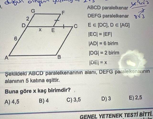 ABCD paralelkenar DEFG paralelkenar EE , DE(AGI Şekildeki ABCD paralelkenarının alanı,...