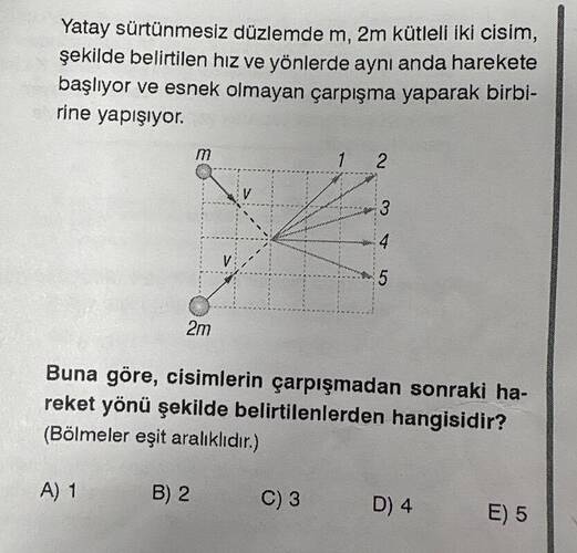 Yatay sürtünmesiz düzlemde m , 2m kütleli iki cisim, şekilde belirtilen hız ve yönlerde...