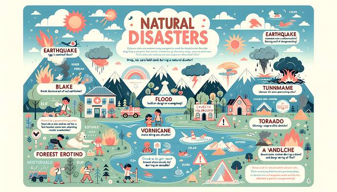 Design an educational poster about natural disasters entirely in English. The poster should be designed for 5th-grade students and needs to cover 10-15 different disasters. The disasters to be included are: earthquake, flood, tsunami, volcanic eruption, hurricane, forest fire, landslide, tornado, drought, and avalanche. Include English descriptions for each disaster, e.g., 'Drop, cover, and hold on during an earthquake!' and 'Climb to high ground during a flood!' The poster should use a pastel-colored background and be divided into sections with headings, descriptions, and visuals: 'Types of Natural Disasters', 'Causes of Disasters', and 'Protection Methods'. Use pastel colors and fun icons in a design that is both enjoyable and understandable.