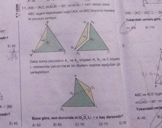 , m(widehat ACB ) = 65ⁱrc , m(widehat ADB ) = 145ⁱrc olmak üzere, ABC üçgeni...