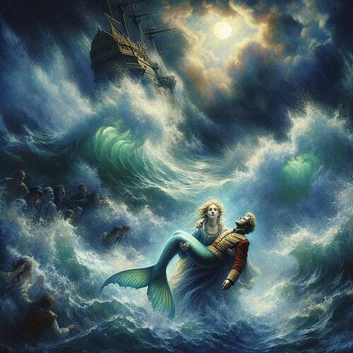 A dramatic stormy night sea scene depicting a mermaid saving a drowning prince. The mermaid, of indeterminate descent with flowing green-scaled hair and a shimmering blue tail, is holding the prince, who is of European descent and dressed in royal attire, firmly in her arms. Enormous waves crash around them, and a soft moonlight casts reflections on the turbulent water, creating a mystical ambiance. The atmosphere is tense yet hopeful, illuminated by cinematic lighting that captures the emotional intensity. The warm glow of the prince's attire contrasts with the cold blue hues of the ocean. The scene is painted in an intricate and textured oil painting style, highlighting dramatic shadows and movement.