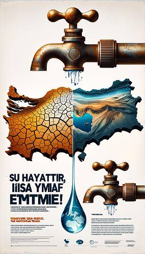 Create a visually gripping poster highlighting the issue of water scarcity in Turkey. The design should incorporate imagery of a parched, cracked land to signify drought and a dripping faucet to symbolize water waste. The poster should also present a depiction of Turkey's map, with areas affected by water scarcity clearly marked. Include a compelling slogan, 'Su Hayattır, İsraf Etme!', translating to 'Water is Life, Don't Waste It!' The overall design of the poster must be striking while sending a strong message for water conservation.