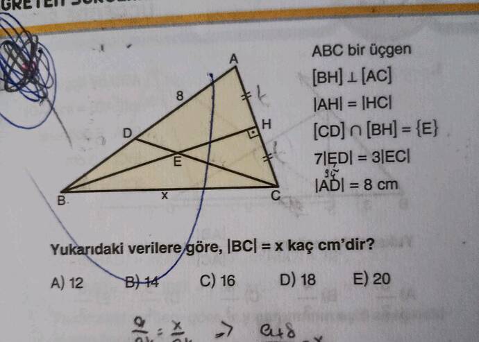 B 44 H ABC bir üçgen L (AC Yukarıdaki verileregöre, BCl = x kaç cm'dir?