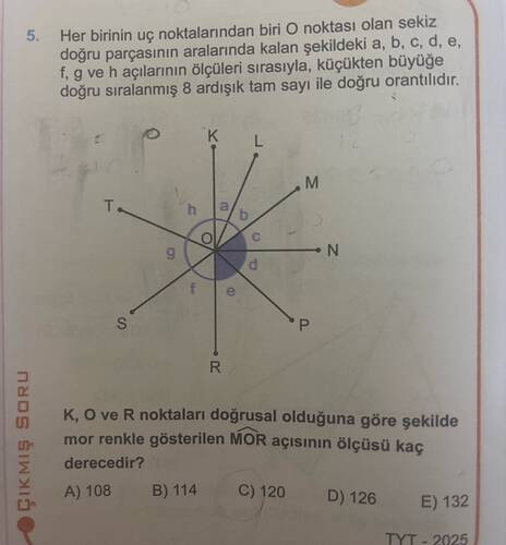Her birinin uç noktalarından biri O noktası olan sekiz doğru parçasinin aralarında...