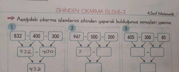 1 832 Aşağıdaki çıkarma işlemlerini zihinden yoparak bulduğunuz sonuçlari yozınız.