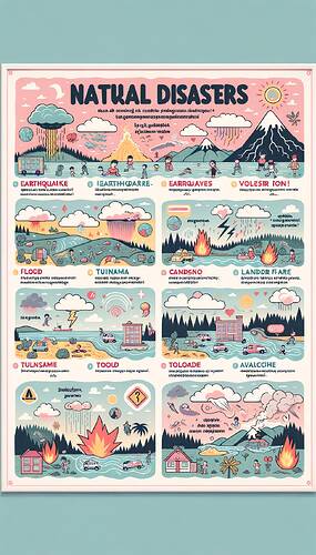 Create an educational poster about natural disasters entirely in Turkish. The poster should be designed for 5th grade students and feature 10-15 different natural disasters. Include the following disasters: earthquake, flood, tsunami, volcanic eruption, hurricane, forest fire, landslide, tornado, drought, avalanche. Add Turkish descriptions for each disaster, for example, 'Drop-Cover-Hold on during an earthquake!' and 'Climb to higher places during a flood!' for protective methods. The poster should use a pastel-toned background and be divided into sections using headings, descriptions, and visuals: 'Types of Natural Disasters', 'Causes of Disasters', and 'Ways to Protect Yourself'. Use pastel colours and fun icons for a fun yet understandable design.