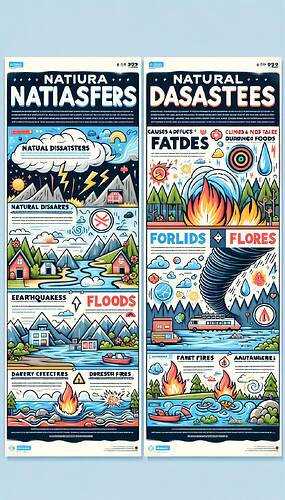 Create an educational and visually engaging poster aimed at 5th-grade students about natural disasters. Include colorful and easy-to-understand graphics representing different natural disasters like earthquakes indicated by fault line illustrations, floods illustrated by water waves, forest fires signified by fire symbols, and tornadoes represented by spiral wind drawings. Complement the images with kid-friendly texts explaining the nature of these disasters, their causes, and safety precautions such as 'Hide under the table during earthquakes' and 'Climb to a high place during floods'. Use soft colors such as light blue or green for the background. The layout should be organized into distinct sections, with bold title headers like 'Natural Disasters', 'Causes and Effects', and 'Safety Measures'.