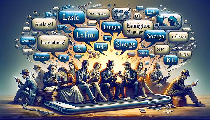 An artistic scene where the literary language and social media language are blended: The visual includes a scene with modern technology devices (like phones or tablets) showcasing conversation bubbles of classic novel characters infused with social media slang and literary expressions.