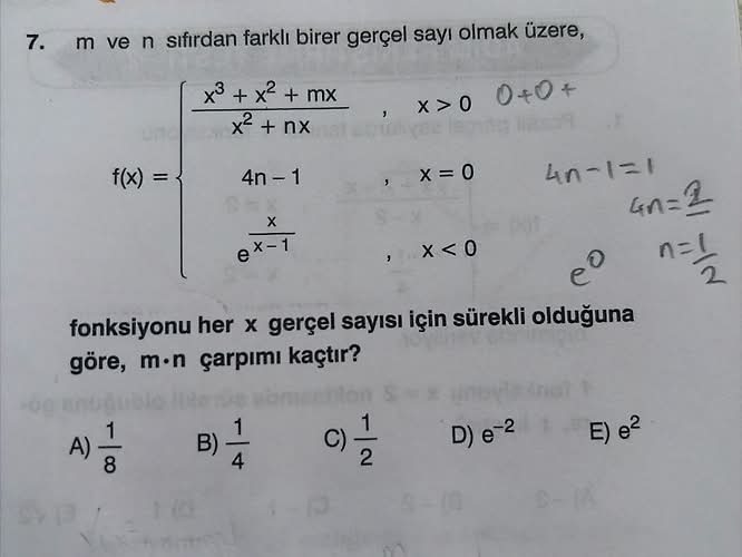 m ve n sıfırdan farklı birer gerçel sayı olmak üzere, f(x) = (x³ + x² + mx)/(x² + nx)...