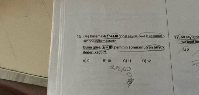 15, Beş basamakir174A doğal sayisı, Sve6ile kalan sIz bölünebilimektedir.