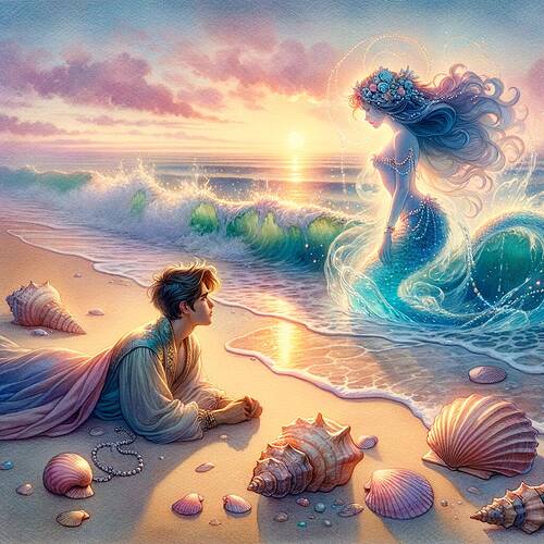 A romantic beach scene at dawn painted in a watercolor style with soft pastel colors and warm light. On the beach, a young prince with short dark hair, wearing elegant but beach-suitable attire, is waking up on the sandy shore with a serene expression. Observing him silently from behind a cluster of large seashells in the foreground is a mysterious and ethereal mermaid-like figure with a flowing blue tail and long, wavy hair adorned with tiny seashells and pearls. The vibrant sunrise casts an enchanting glow over the ocean waves, creating a tender and emotional atmosphere. The composition reflects a sense of magic and a burgeoning connection between the characters.