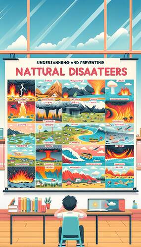Design an educational poster for 5th-grade students studying Social Studies. The poster should include visually appealing and simple images representing 10-15 types of natural disasters such as earthquakes, tornadoes, tsunamis, wildfires, droughts, volcanic activity, hurricanes, avalanches, floods, and landslides. Each disaster should be accompanied by clear explanations in English detailing their causes and potential prevention strategies. The poster should be colorful and appealing with a pastel background, aimed at capturing the attention of students while maintaining its educational purpose. The title 'Understanding and Preventing Natural Disasters' should be centrally and boldly positioned on the poster.