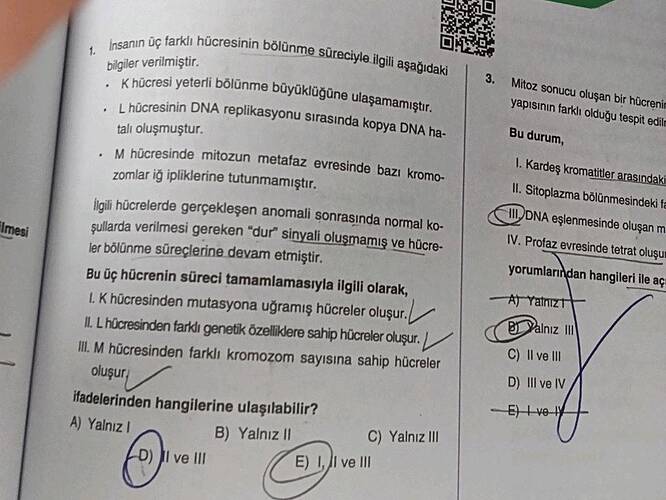 İnsanın üç farklı hücresinin bölünme süreciyle ilgili aşağıdaki bilgiler verilmiştir.