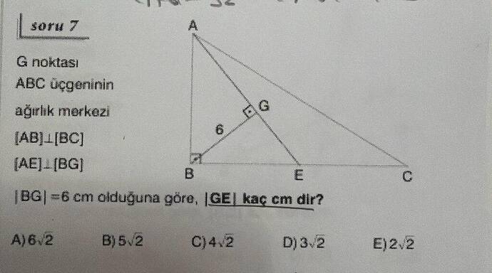 G noktası ABC üçgeninin ağırlık merkezi, , GE kaç cm dir?