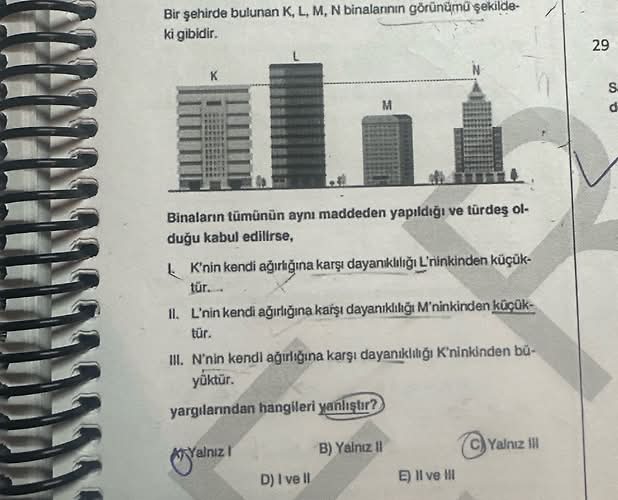 Bir şehirde bulunan K, L, M, N binalarının görünümü şekildeki gibidir.