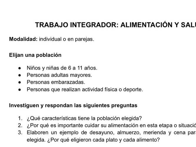 TRABAJO INTEGRADOR: ALIMENTACIÓN Y SALUD Modalidad: individual o en parejas.