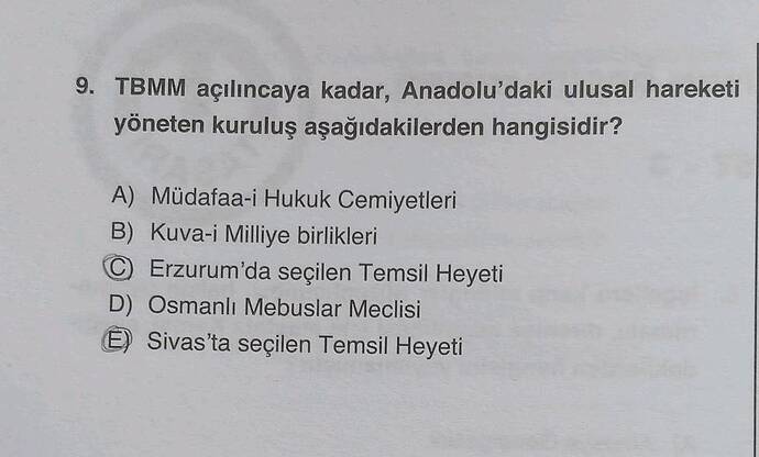 TBMM açılıncaya kadar, Anadolu'daki ulusal hareketi yöneten kuruluş aşağıdakilerden...