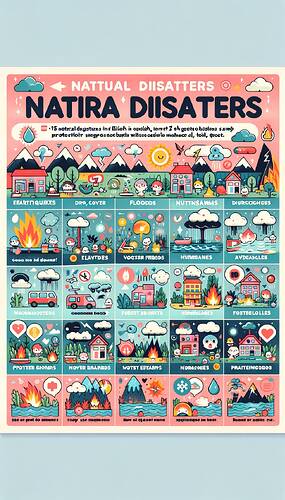 Design a disaster education poster in English suitable for 5th-grade students. The poster should cover 10-15 natural disasters such as earthquakes (with protection suggestions like "Drop, Cover, and Hold On"), floods (with suggestions like "move to higher grounds"), tsunamis, volcanic eruptions, forest fires, hurricanes, avalanches, droughts, landslides, and tornadoes. For each disaster, short and understandable explanations should be added. The poster should have a background in pastel tones and should include fun icons. The title "NATURAL DISASTERS AND PROTECTION METHODS" should prominently be written at the top of the poster. The sections should be organized under 'Types of Natural Disasters', 'Causes of Disasters', and 'Protection Methods'.
