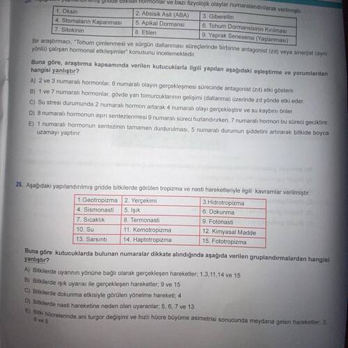 Aşağıdaki yapılandırılmış gridde bitkisel hormonlar ve bazı fizyolojik olaylar...