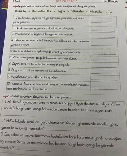 4.Sınıf BESINLERIMIA Agağıdo verilen oçiklamalarin hangi besin içeriğine ait olduğunu...