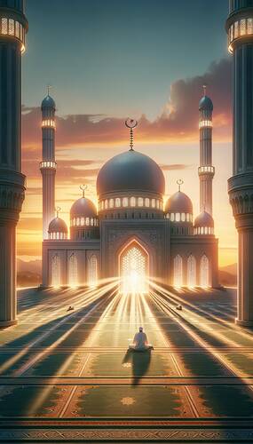 A realistic digital drawing of a mosque at sunrise, emanating tranquillity. The image conveys the significance of spirituality in the Salah prayer.