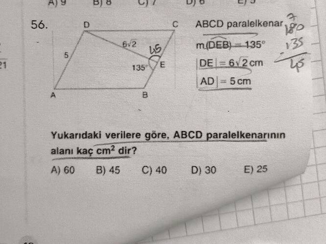 ABCD paralelkenar m(widehat DEB ) = 135irc Yukarıdaki verilere göre, ABCD...