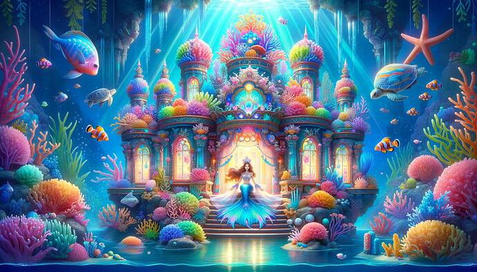 A colorful underwater coral palace in a fantasy style. The palace is adorned with bright and vivid coral formations in various shapes and sizes, with glowing accents to emphasize its magical nature. Inside, there is a beautiful mermaid princess with long flowing hair and a vibrant fishtail. She is dressed in elegant underwater clothing, accessorized with pearls and sea-inspired jewelry. The surrounding ocean is filled with a variety of colorful fish, sea turtles, and vibrant marine plants. The lighting is mystical with shimmering rays of sunlight penetrating the water, creating an ethereal glow in the scene.