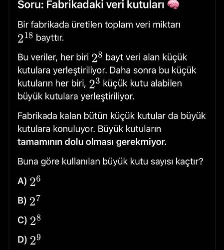 Fabrikadaki veri kutuları Bir fabrikada üretilen toplam veri miktarı 2l8 bayttır.