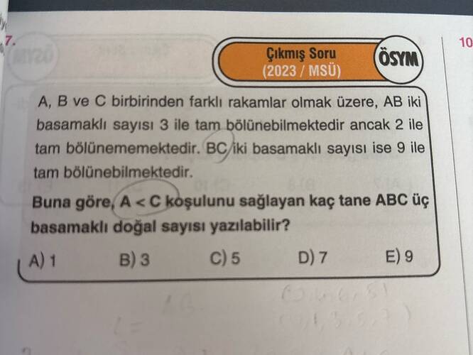 Çikmiş Soru (2023 / MSU) ÖSYN A, B ve C birbirinden farklı rakamlar olmak üzere, AB iki...