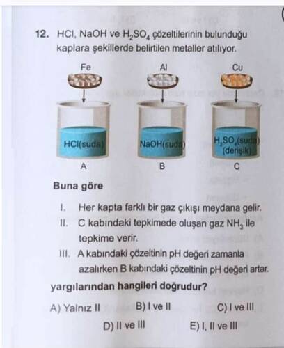 Resimde, Fe, Al ve Cu metallerinin sırasıyla HCl(suda), NaOH(suda) ve H2SO4(suda)(derişik) çözeltileriyle tepkimeye girdiği üç kap gösterilmektedir. (AI tarafından altyazılı)