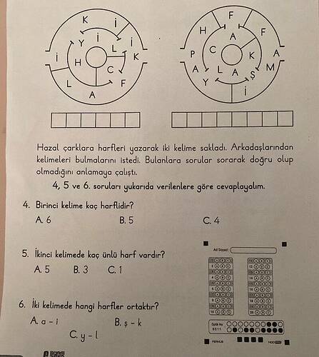 M Hazal çarklara harfleri yazarak iki kelime sakladı.