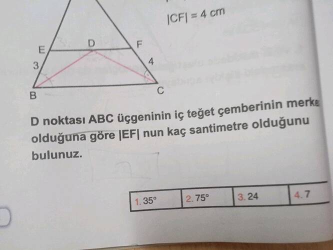 D noktası ABC üçgeninin iç teğet çemberinin merkezi olduğuna göre EF nun kaç santimetre...