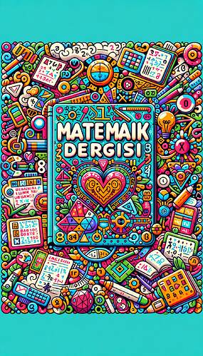 Create a vibrant and complex cover for a children's math magazine named 'Matematik Dergisi'. The design should feature whimsical elements, cartoonish mathematical symbols, and various geometric figures. Enhance the background with a playful pattern. Incorporate original elements such as a hand-drawn style title, a heart symbol, and math-related sketches, but make sure they look digitally refined and polished. Incorporate a brain-challenging puzzle icon, adorable illustrations of items like books and calculators. Also add fun headings such as 'Eğlenceli Matematik', 'Bilimsel Oyunlar', and 'Zeka Bulmacaları'. The entire design should be drenched in bright, child-friendly hues to make it visually engaging. The title ‘Matematik Dergisi’ should have a central placement and be clearly readable.