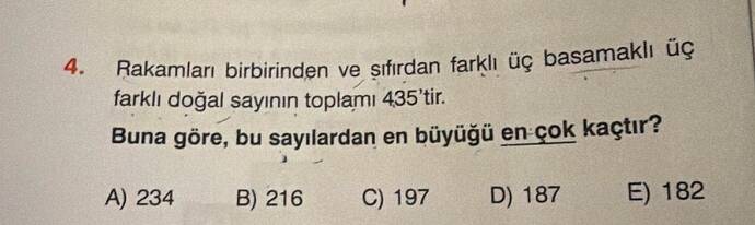 Hakamları birbirinden ve sifirdan farklı üç basamakli uç farklı doğal sayının toplamı...