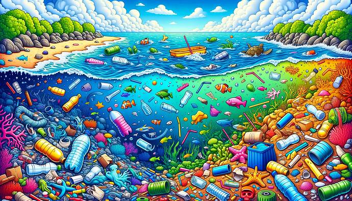 A vivid cartoon-style illustration of a polluted sea surface, with one side filled with plastic waste such as bottles, bags, straws, and garbage floating atop contaminated water. The trash is diverse and colorful, emphasizing the environmental issue. The other side of the water is clean and pristine, showing clear blue water with vibrant marine life such as fish, coral reefs, and sea turtles. The scene is divided sharply to highlight the stark contrast between the polluted side and the unspoiled natural side. The illustration is colorful, with exaggerated cartoon features for an impactful and educational look.