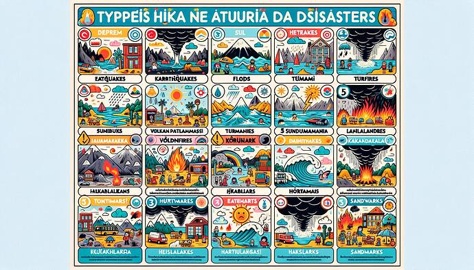 Create an engaging educational poster about 10-15 different natural disasters aimed at 5th-grade students. The poster is entirely in Turkish and contains colourful icons for each disaster: earthquakes (deprem), floods (sel), tsunamis (tsunami), volcanic eruptions (volkan patlaması), hurricanes (kasırga), wildfires (orman yangını), landslides (heyelan), tornadoes (hortum), droughts (kuraklık), avalanches (çığ), blizzards (kar fırtınası), heatwaves (sıcak hava dalgaları), and sandstorms (kum fırtınası). Group the disasters into sections titled 'Types of Natural Disasters', 'Causes and Effects of Disasters', and 'Ways to Protect Against Disasters'. Each section includes Turkish text such as 'hide under the table during an earthquake and don't go outside' or 'climb a high place during a flood'. Design should be colourful and clean with pastel backdrops and cartoon-like illustrations. The layout being balanced with both icons and clear, readable text.