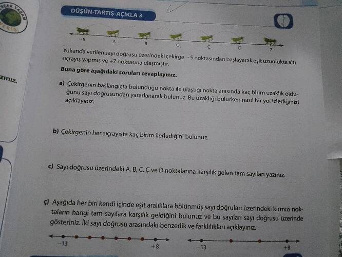 Yukarıda verilen sayı doğrusu üzerindeki çekirge -5 noktasından başlayarak eşit...
