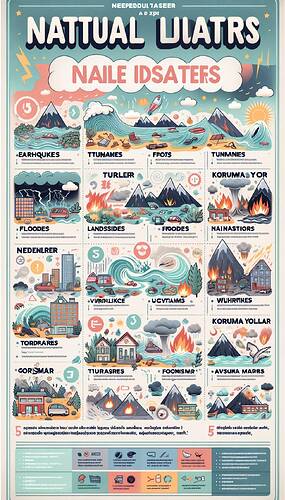 Design a visually engaging, education-oriented poster targeted for 5th-grade Turkish-speaking students. The poster should explain 10-15 natural disasters such as earthquakes, floods, tsunamis, landslides, hurricanes, wildfires, volcanic eruptions, tornadoes, droughts, avalanches, and sandstorms. The Turkish text explaining each disaster's cause and prevention measures should be included, like key advice for earthquakes or floods. Organize the poster into clear sections labeled 'Türler' (Types), 'Nedenler' (Causes), and 'Korunma Yolları' (Prevention Methods). The design and layout should adopt a pastel color scheme with easy-to-understand icons designed to captivate young learners' attention.