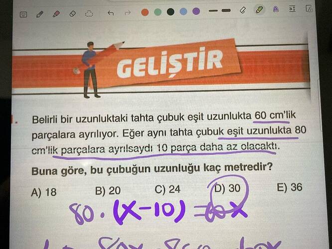 GELİŞTİR Belirli bir uzunluktaki tahta çubuk eşit uzunlukta 60 cm'lik parçalara ayrılıyor.