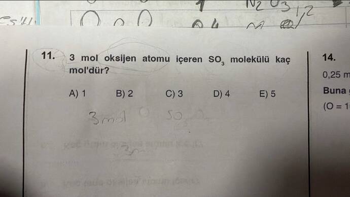 3 mol oksijen atomu içeren SO₃ molekülü kaç mol'dür?