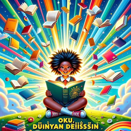 A colorful and vibrant poster promoting reading with the slogan 'Oku, dünyan değişsin.' The design features an open book emitting radiant beams of light surrounded by flying colorful books in mid-air. In the foreground, a cheerful child with a diverse appearance (Black, female) is reading a book, sitting cross-legged on a grassy hill. The child is shown with a bright smile and full of inspiration. The setting has a sunny blue sky with fluffy clouds and a vibrant rainbow. The overall design is bright, engaging, and playful, perfectly suited for 7th grade students, with bold, readable text for the slogan.