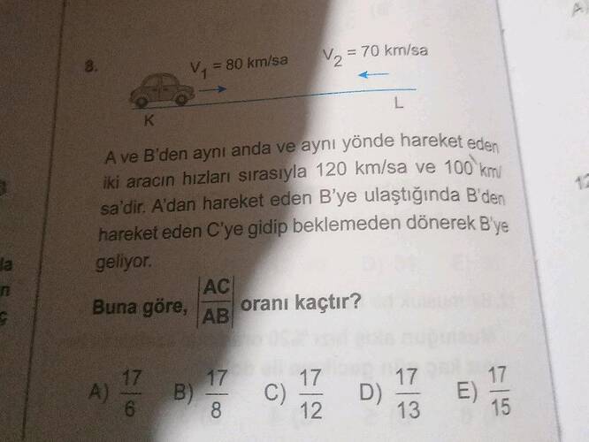 iki aracin hizlart sirasıyla 120 kmn/sa ve 100 k sa'dir A'dan hareket eden B'ye...