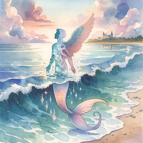 A watercolor painting-style artwork of a shoreline scene where a mermaid is transforming into a human. The lower half of her body is in the process of transforming from a shimmering tail into human legs. Her expression shows a mix of pain and hope. The scene depicts gentle waves crashing against the shore, and a distant castle is visible in the background. The color palette consists of soft pastel hues, creating a serene and magical atmosphere.