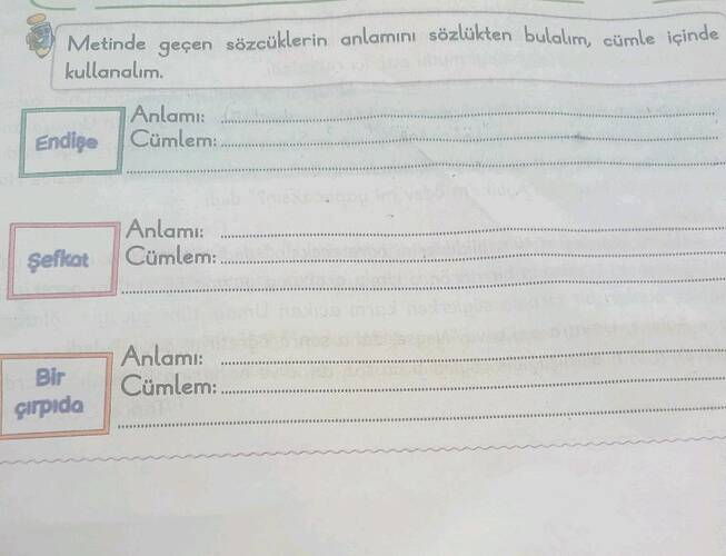 Metinde geçen sözcüklerin anlamini sözlükten bulalım, cümle icinde kullanalım.