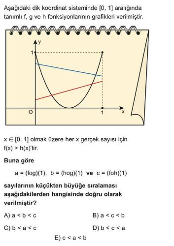 Aşağıdaki dik koordinat sisteminde 0, 1 aralığında tanımlı f , g ve h fonksiyonlarının...